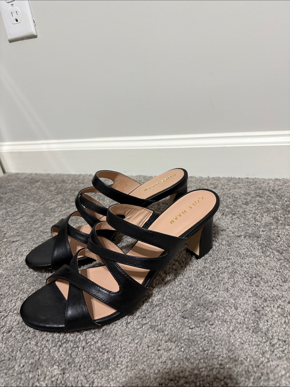 Cole Haan Alyse Black Leather Round Open Toe Slip On Strappy Block Heeled